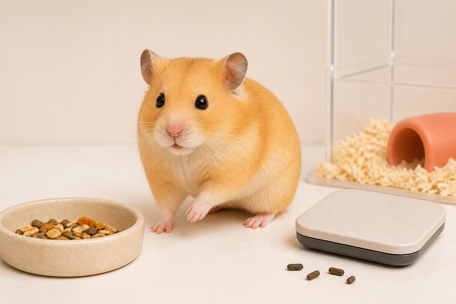 골든햄스터 한 마리가 눈과 코가 깨끗하고 털이 매끈한 채 서 있다. 주변에는 남은 먹이가 보이는 그릇, 화면 숫자가 보이지 않는 낮은 저울, 형태가 잡힌 마른 배설물이 놓여 있다.