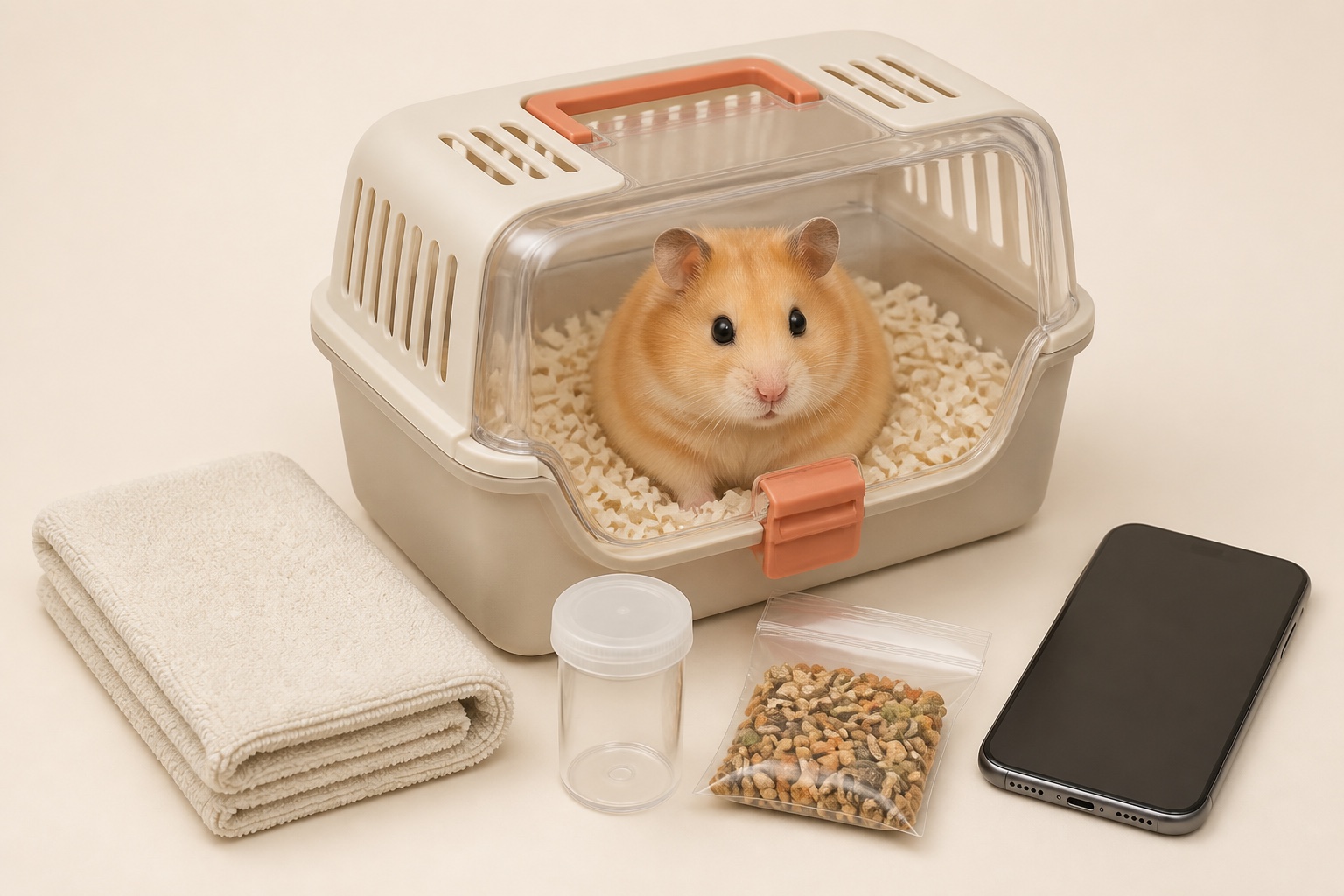 익숙한 종이 바닥재를 깐 통풍되는 작은 이동장 안에 골든햄스터 한 마리가 있다. 옆에는 얇은 수건, 빈 검체통, 평소 먹이 소량, 화면을 뒤집어 둔 휴대전화가 한 벌로 놓여 있다.