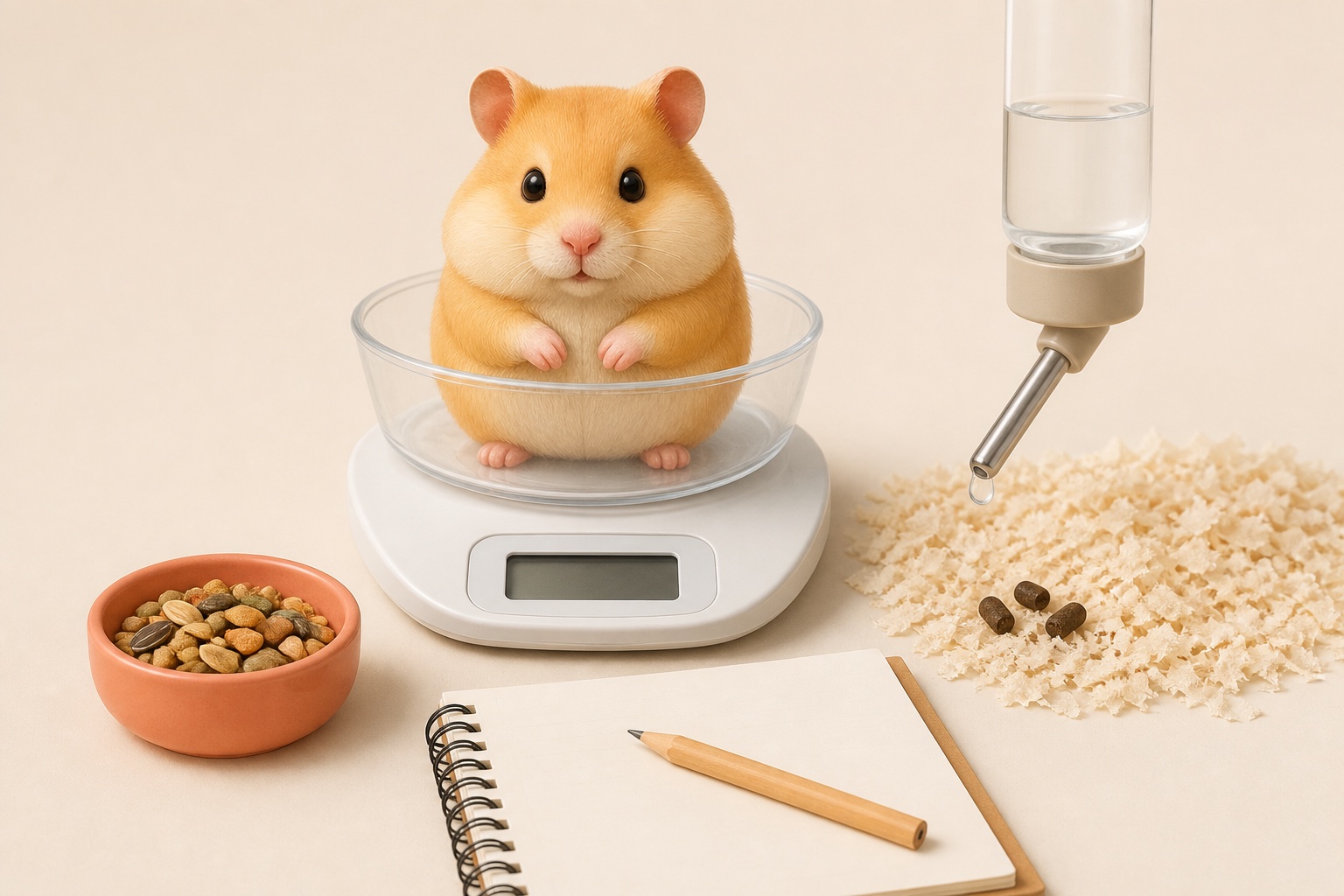 골든햄스터 한 마리가 낮고 투명한 그릇에 들어가 평평한 디지털 저울 위에 앉아 있다. 옆에는 정해 둔 양의 마른 먹이, 물방울이 맺힌 물병 노즐, 깨끗한 바닥재 위의 단단한 새 똥, 빈 기록장이 한 벌로 놓여 있다.