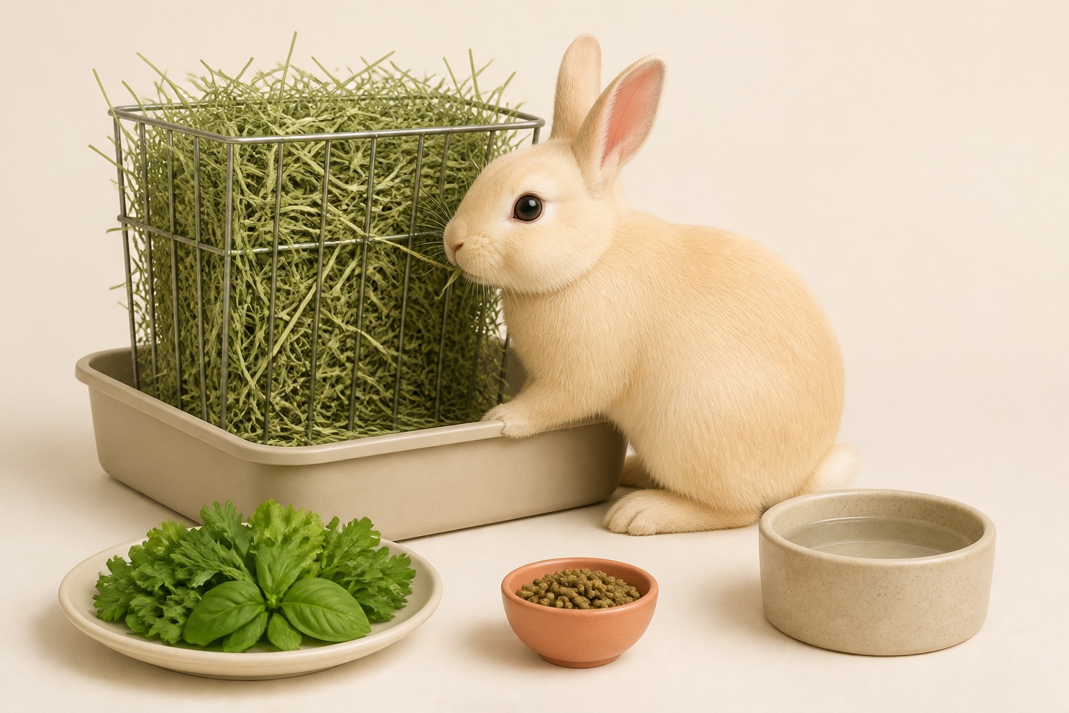 성체 토끼 한 마리가 큰 건초 급여대에서 목초 건초를 먹고 있고, 앞에는 더 작은 잎채소 접시와 균일 펠릿 그릇, 물그릇이 각각 놓여 있다.