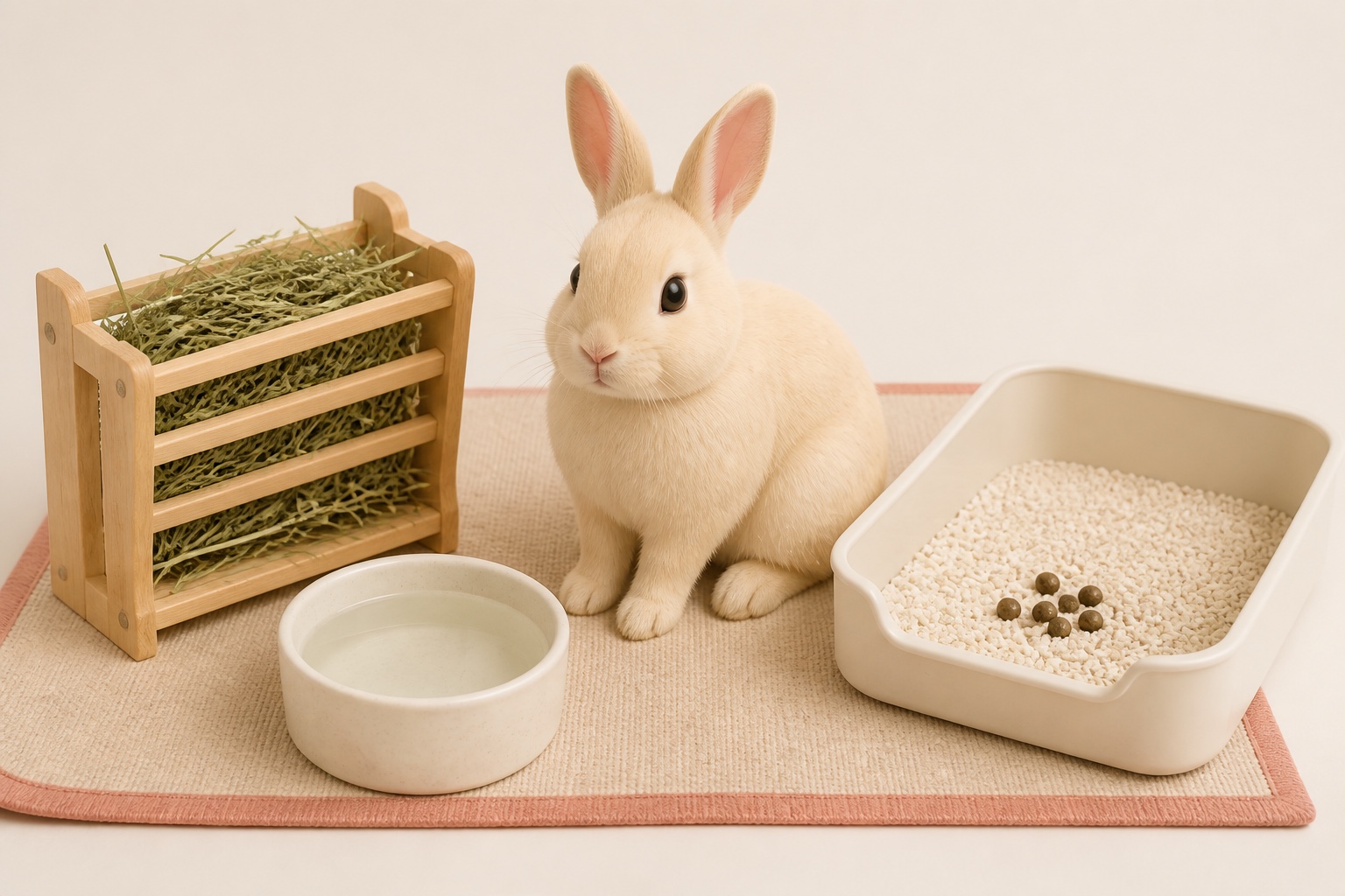 건초대와 물그릇, 깨끗한 화장실 사이에 토끼 한 마리가 앉아 있어 먹은 양과 배변 상태를 한눈에 확인할 수 있다.