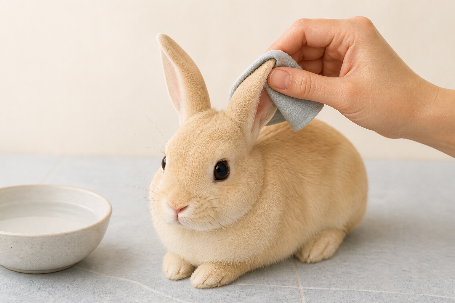 한 손이 시원한 물에 적신 작은 천으로 토끼의 곧게 선 귀 바깥면만 가볍게 적시고 있으며, 귓구멍과 코와 입에는 물이 닿지 않는다.